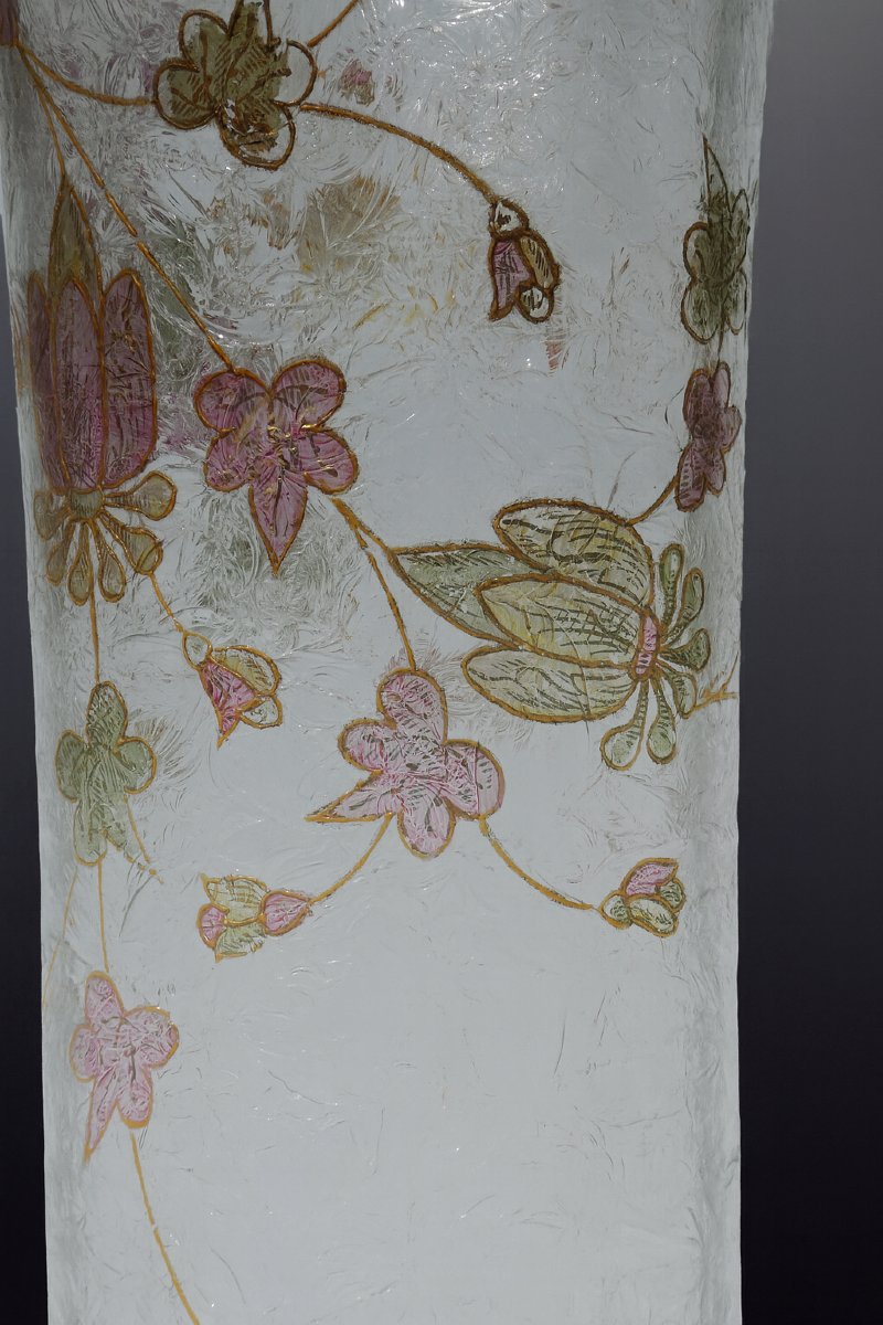 Enamelled Glass Vase, Theodore Legras, Frosted Base, Art Nouveau 19th Century, Montjoye, Trefoils-photo-4