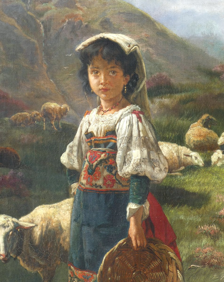 Huile sur Toile Signée De Eugène Siberdt , Bergere à La Montagne , XIXe , Alpes , Tyrol -photo-2