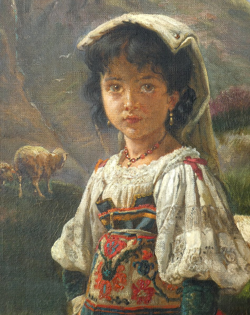 Huile sur Toile Signée De Eugène Siberdt , Bergere à La Montagne , XIXe , Alpes , Tyrol -photo-3