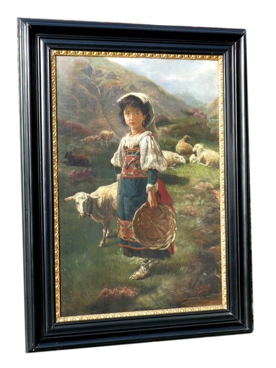 Huile sur Toile Signée De Eugène Siberdt , Bergere à La Montagne , XIXe , Alpes , Tyrol 