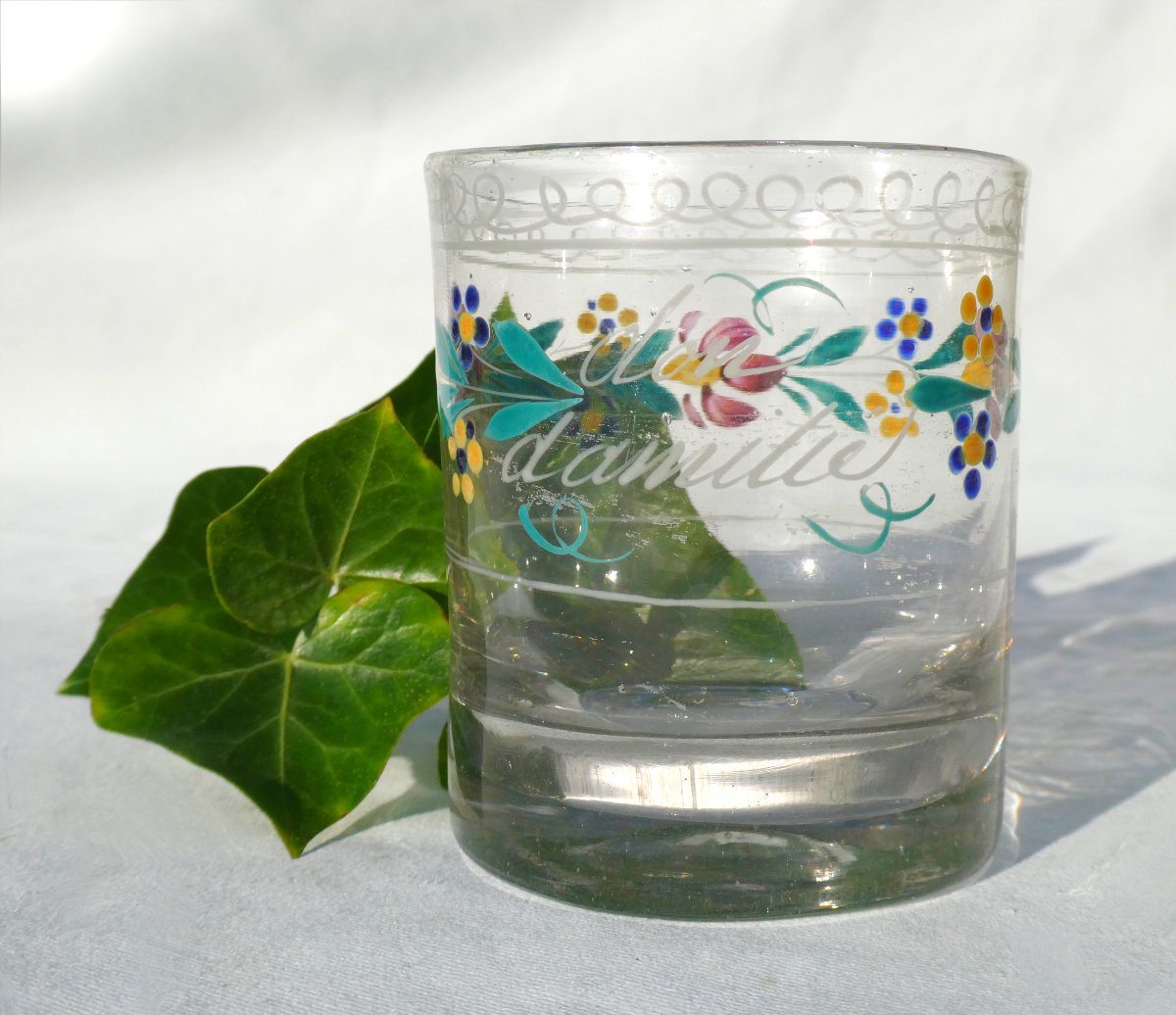 Verre Gobelet Normand , Epoque Louis XVI , XVIIIe , Amour , Fleurs peintes , Don D'Amitié -photo-2