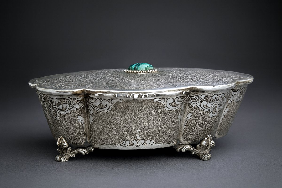 Large Solid Silver Jewelry Box, Napoleon III Style, Malachite Cabochon, Case-photo-3