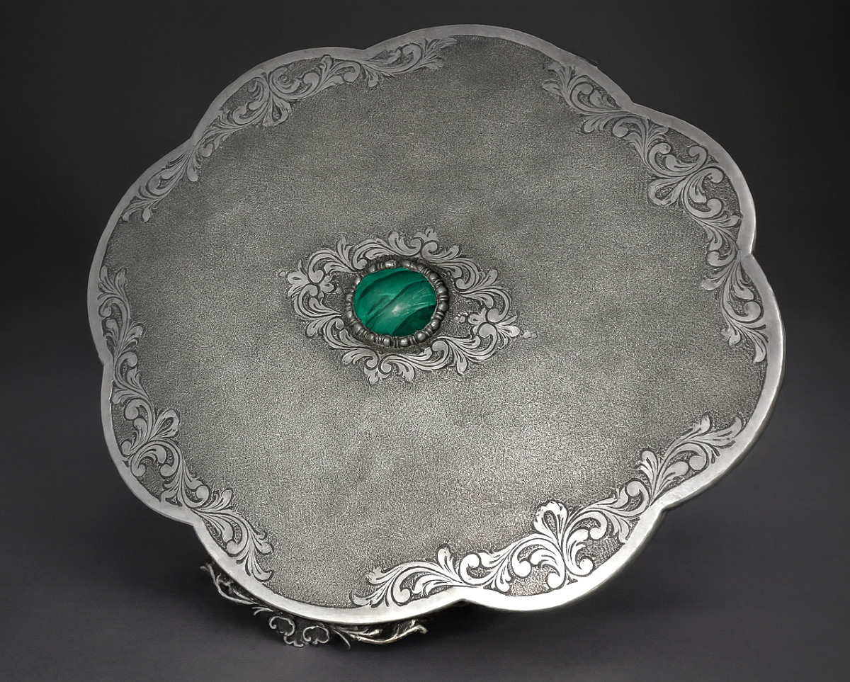 Large Solid Silver Jewelry Box, Napoleon III Style, Malachite Cabochon, Case