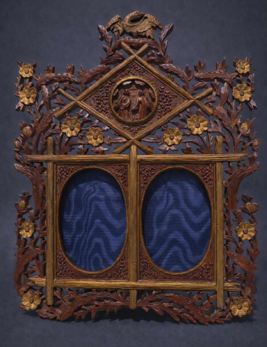 Double View Photo Frame, Carved Wood In The Style Of Gabriel Viardot, Napoleon III 19th Century, China/asia