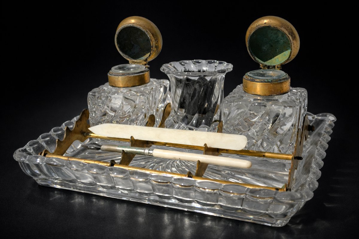 Double Encrier En Cristal De Baccarat , Bambou Tors XIXe , Essuie Plume Objet d'Ecriture Bureau-photo-4