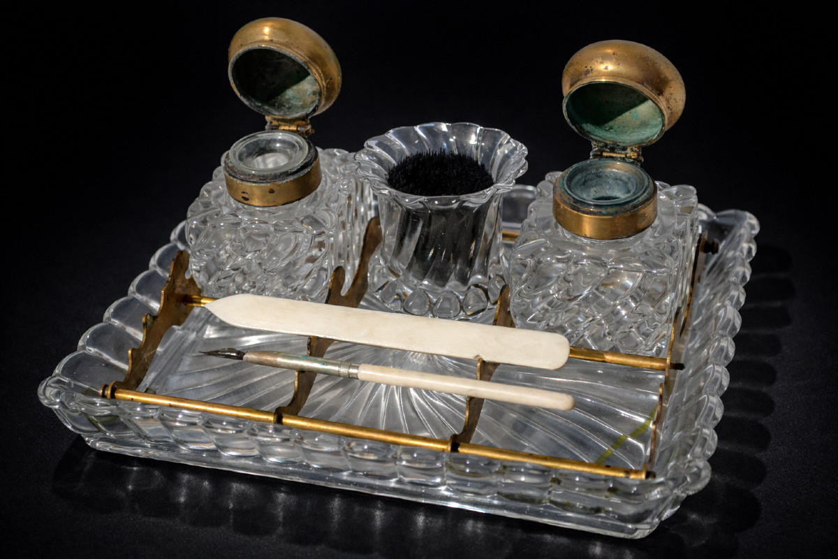 Double Encrier En Cristal De Baccarat , Bambou Tors XIXe , Essuie Plume Objet d'Ecriture Bureau-photo-1