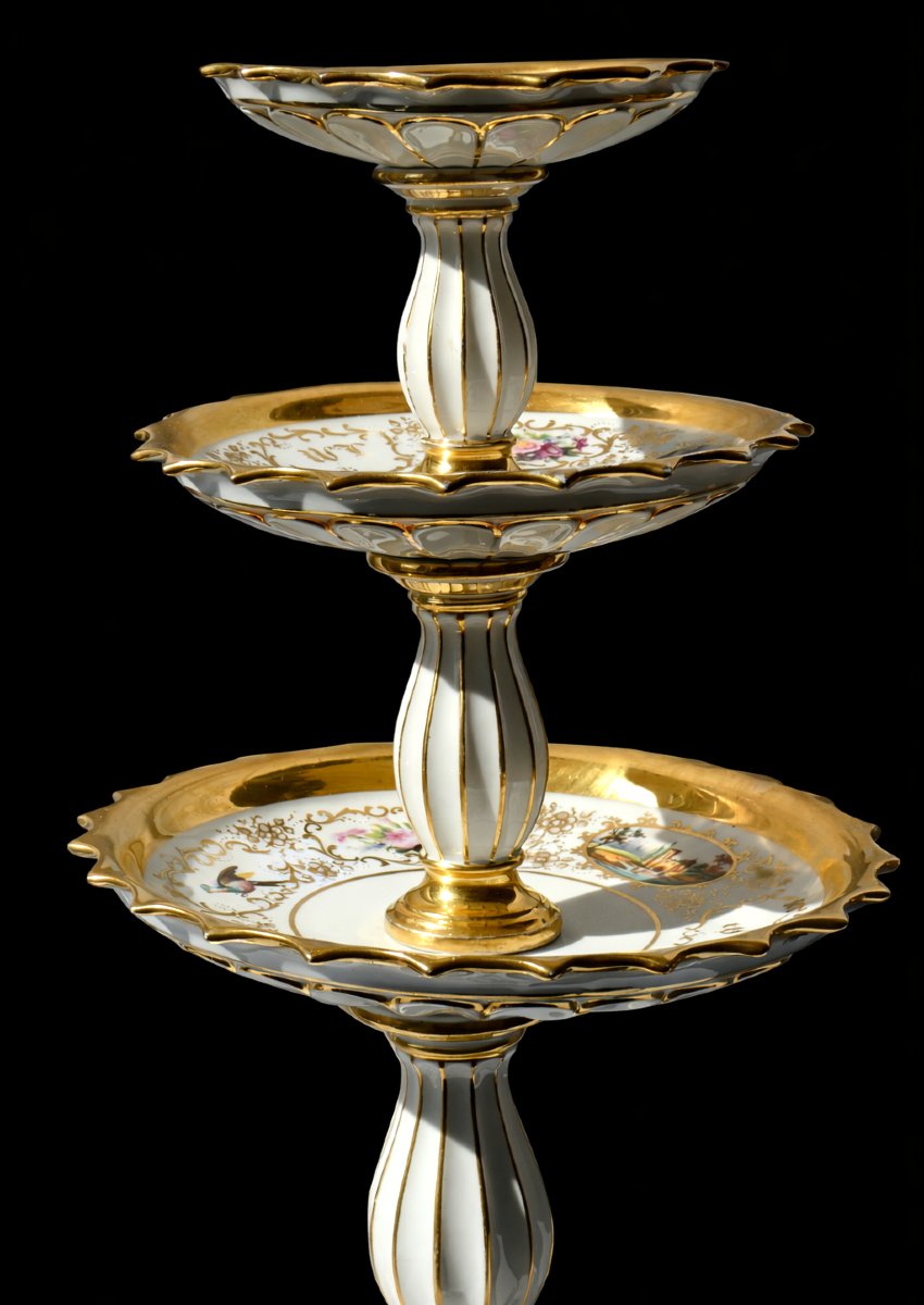 Grand Serviteur Muet En Porcelaine De Paris Epoque Napoleon III Decor Peint d'Oiseaux & Fleurs-photo-3