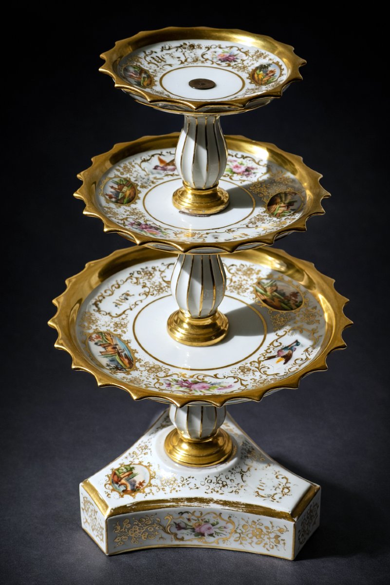 Grand Serviteur Muet En Porcelaine De Paris Epoque Napoleon III Decor Peint d'Oiseaux & Fleurs-photo-1