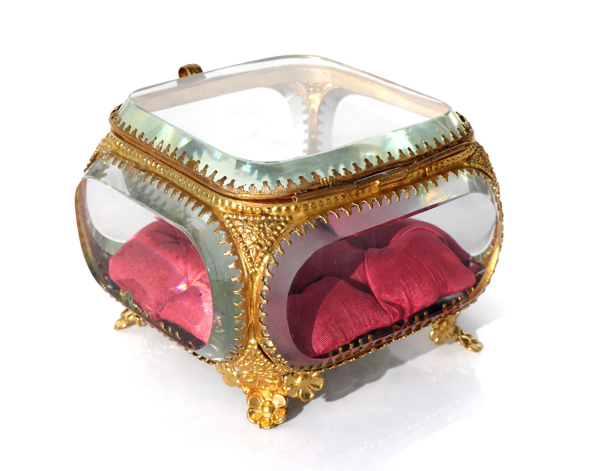 Boite à bijoux Epoque Napoléon III , Pomponne & verre , Capiton XIXe , Coffret / Ecrin