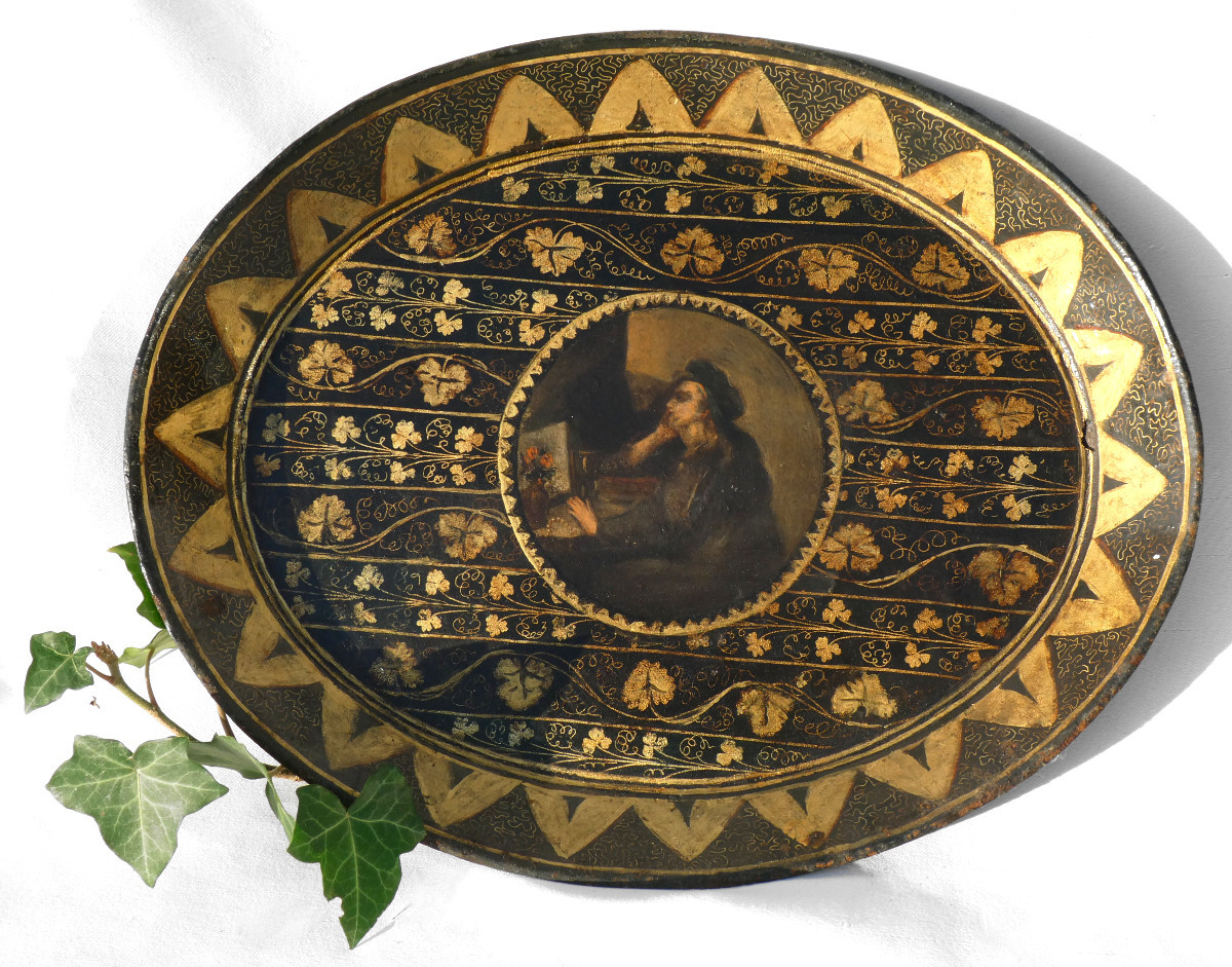 Painted Tin Tray, Charles X Period, Saint Mary Magdalene, 1820, 19th Century, Gilded