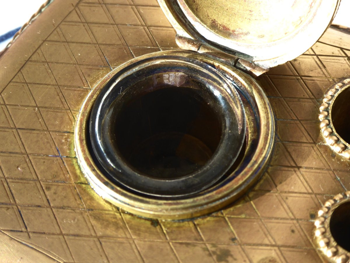 19th Century Desvres Faience Desk Inkwell With Gilt Bronze, Shades Of Blue, 18th Century Delft Style-photo-2