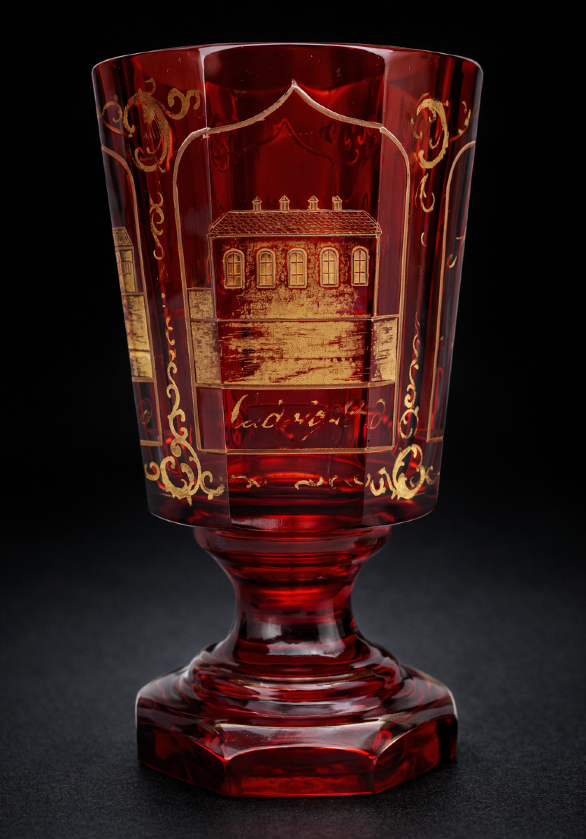 Verre De Curiste XIXe , Napoleon III , Cristal De Boheme Rouge Grenat , Andenne Souvenir