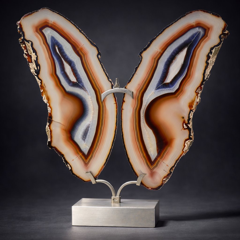 1970 Butterfly Sculpture In Agate, Marble & Brushed Metal, Willy Daro Style, 20th Century-photo-4