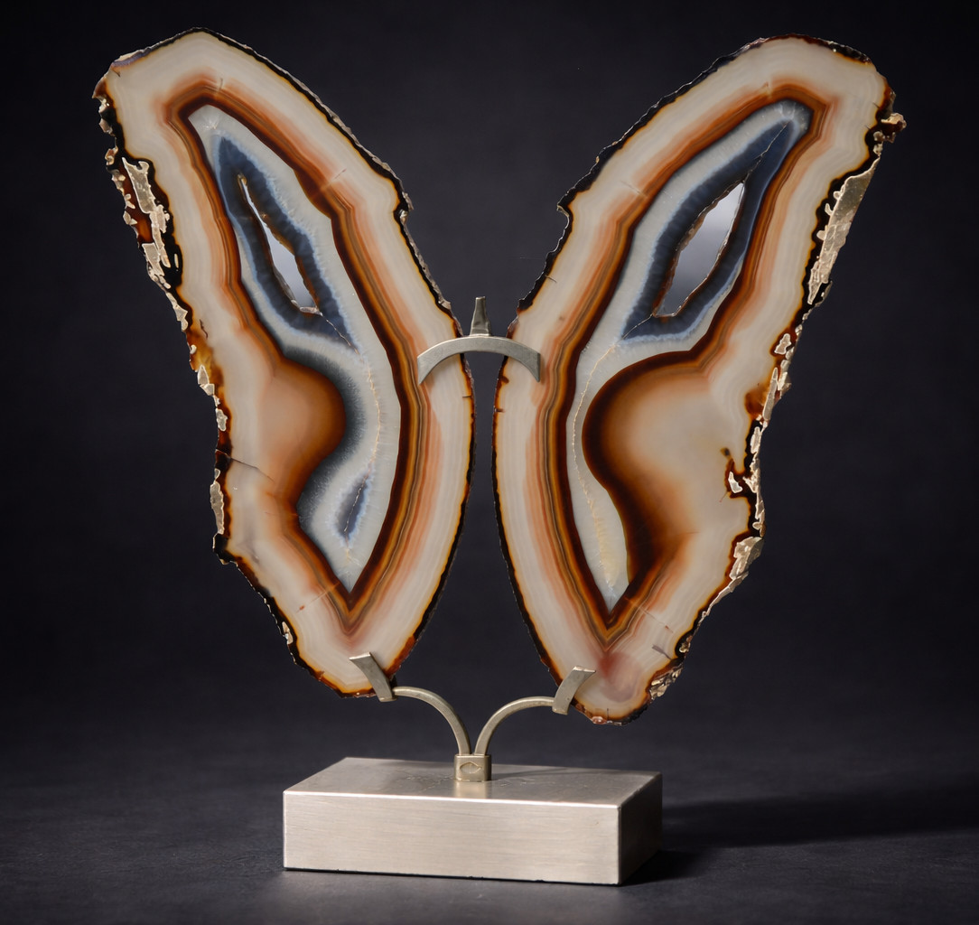 1970 Butterfly Sculpture In Agate, Marble & Brushed Metal, Willy Daro Style, 20th Century