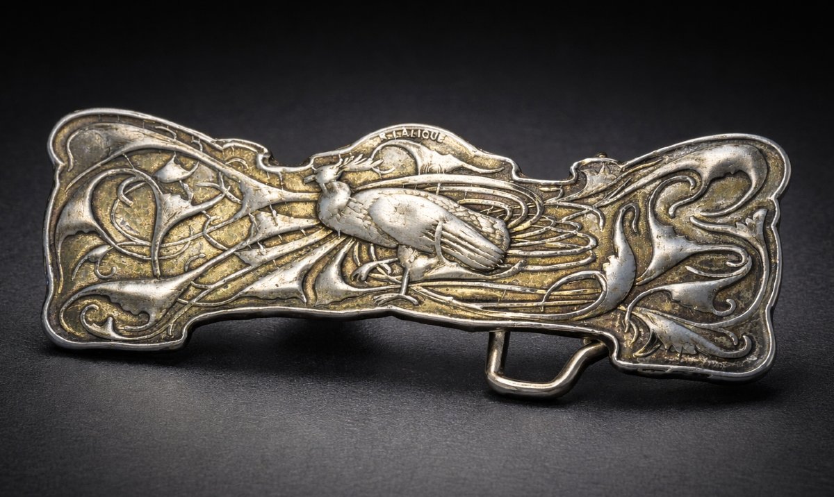 René Lalique Signed Belt Buckle, Art Nouveau Style Peacock, 19th Century Jewelry, 1900 Brooch-photo-4