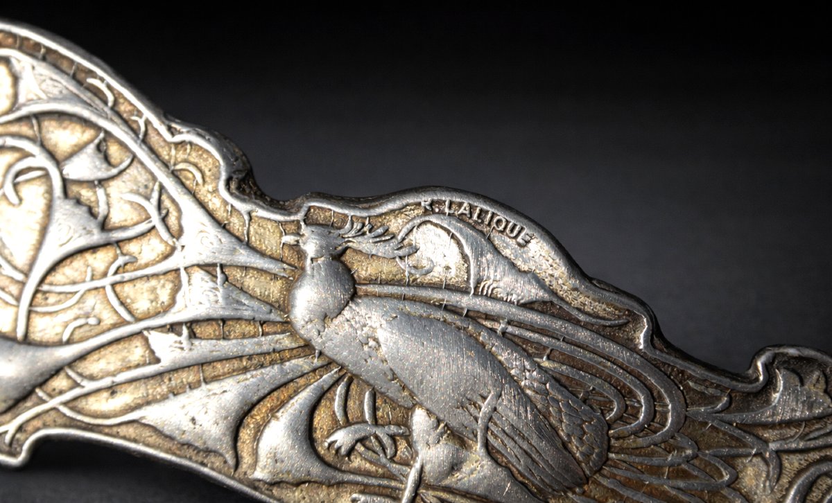 René Lalique Signed Belt Buckle, Art Nouveau Style Peacock, 19th Century Jewelry, 1900 Brooch-photo-1