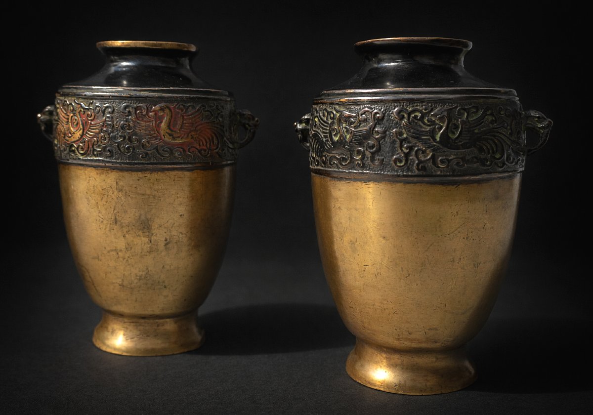 Paire De Vases En Bronze Patiné , Chine XIXe Siecle , Objet Asiatique , Vase , Décor De Phenix-photo-2
