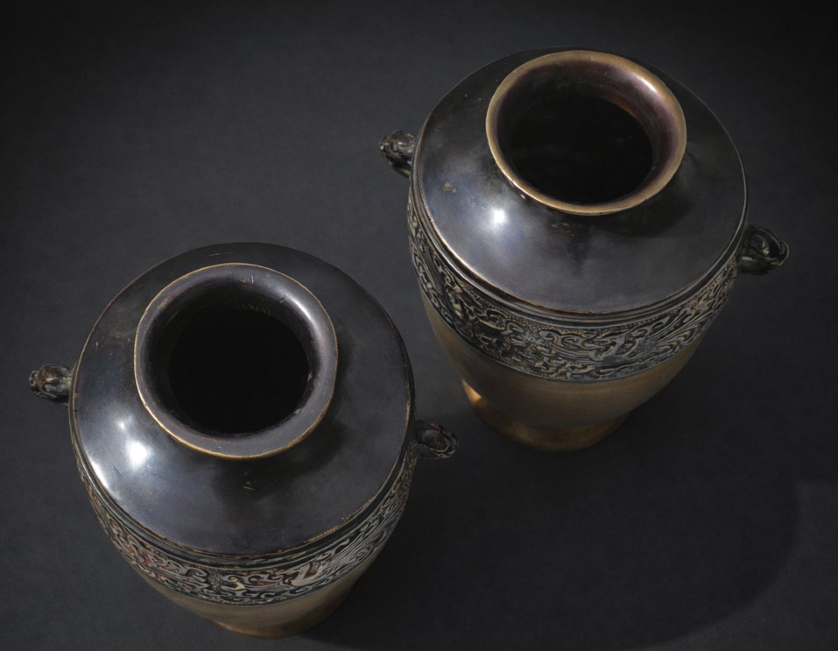 Paire De Vases En Bronze Patiné , Chine XIXe Siecle , Objet Asiatique , Vase , Décor De Phenix-photo-3