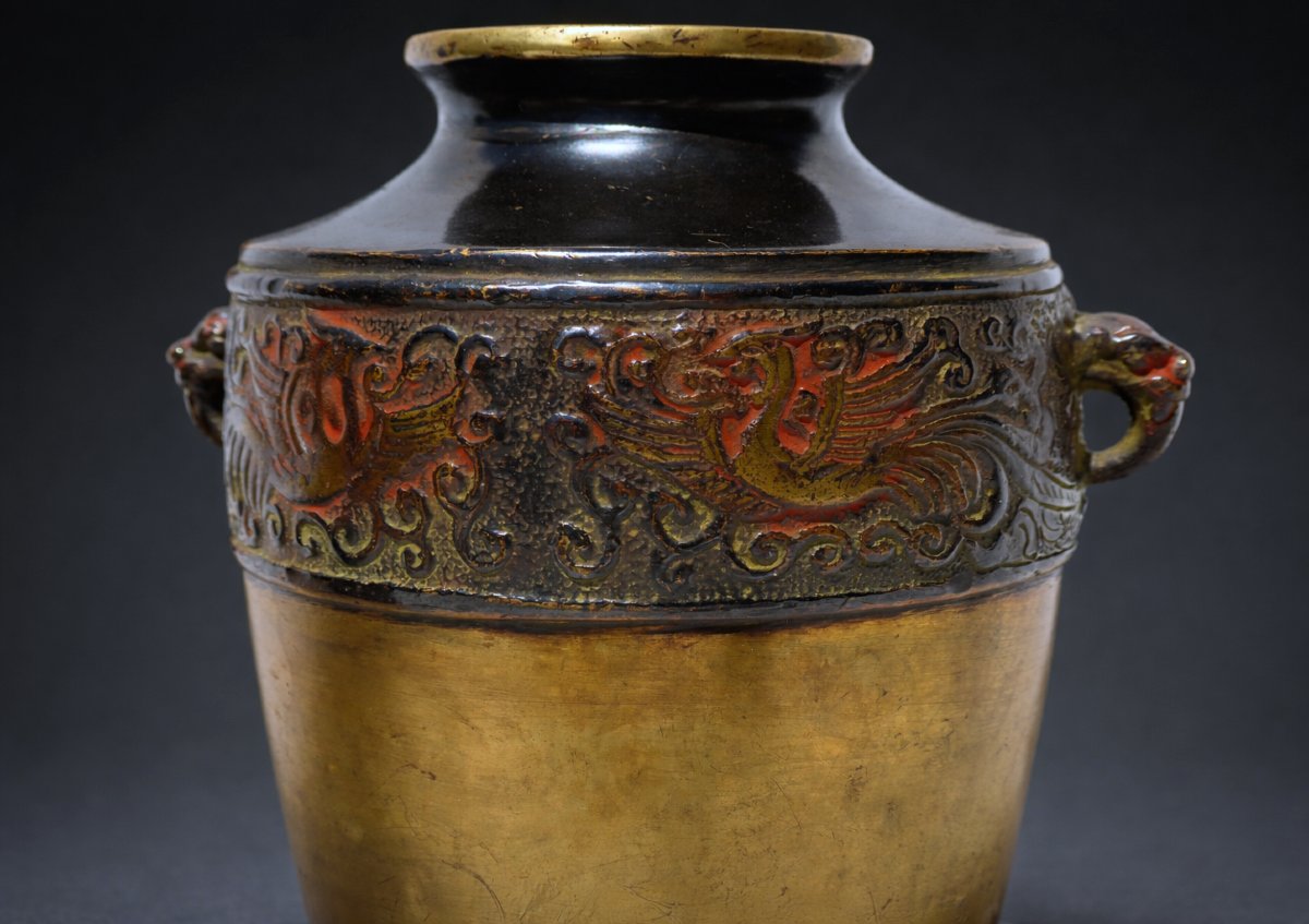 Paire De Vases En Bronze Patiné , Chine XIXe Siecle , Objet Asiatique , Vase , Décor De Phenix-photo-2