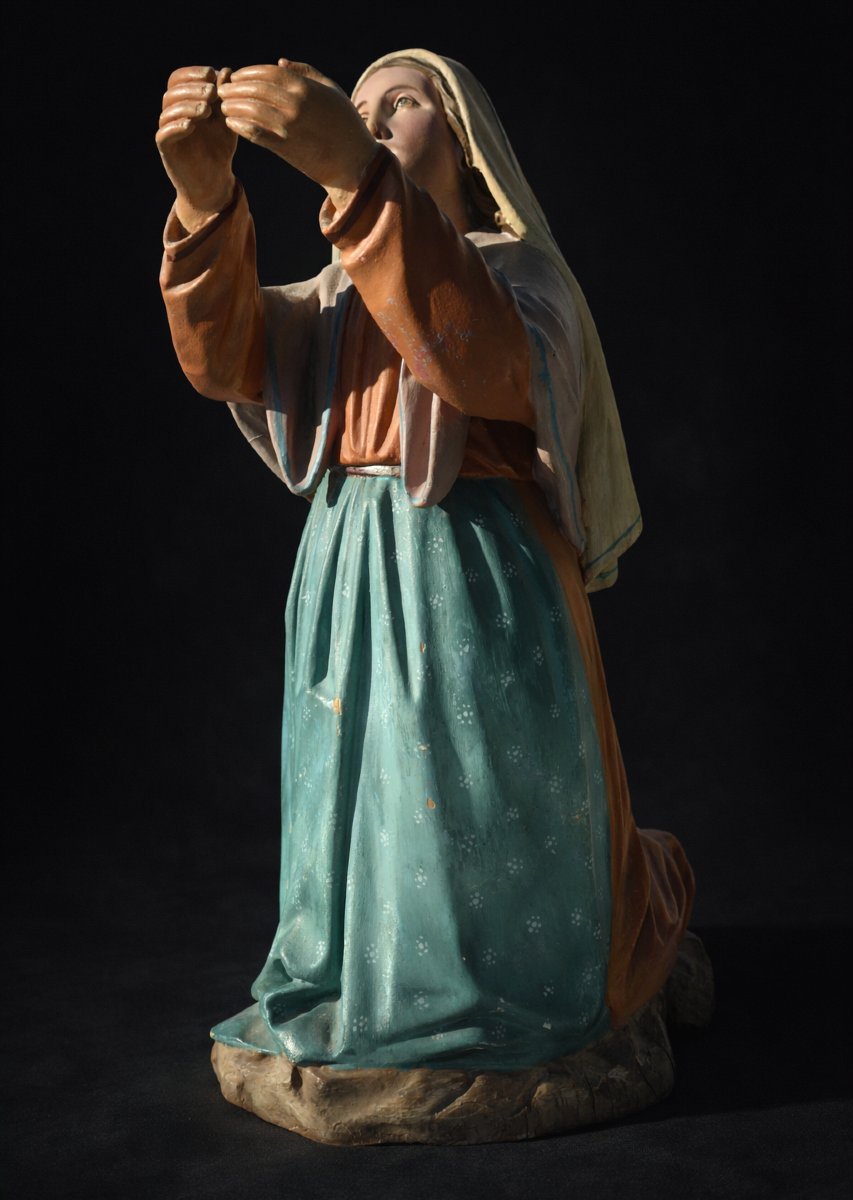Virgin In Prayer, Polychrome Wood, Devotional Sculpture, Holy Orant, 19th Century, Napoleon III-photo-3