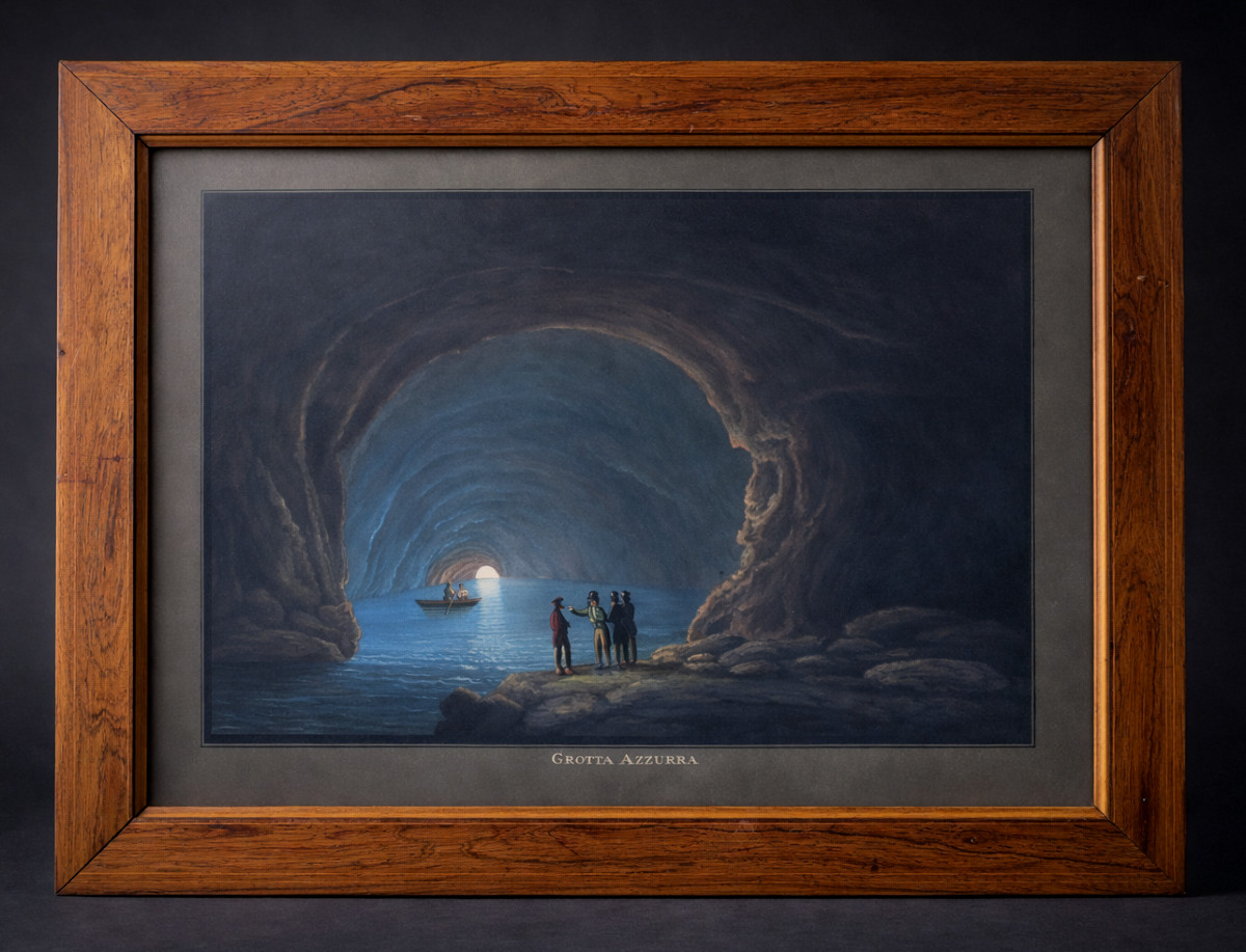 Grande Gouache Napolitaine , Souvenir Du Grand Tour , XIXe La Grotte Bleue A Capri Volcan 1820-photo-3