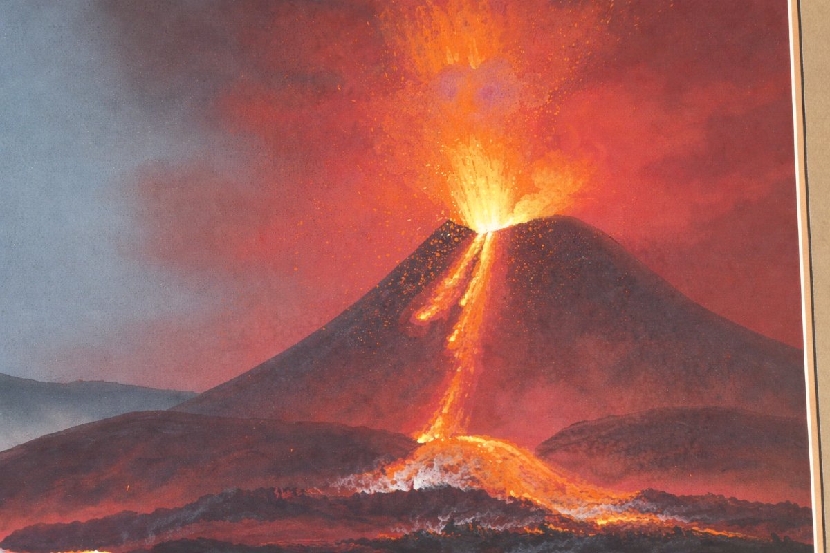 Large Neapolitan Gouache Souvenir Of The Grand Tour, 19th Century, Eruption Of Mount Vesuvius, 1820, Italy-photo-2