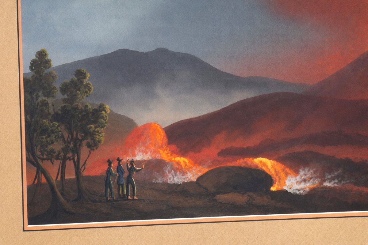 Large Neapolitan Gouache Souvenir Of The Grand Tour, 19th Century, Eruption Of Mount Vesuvius, 1820, Italy-photo-3