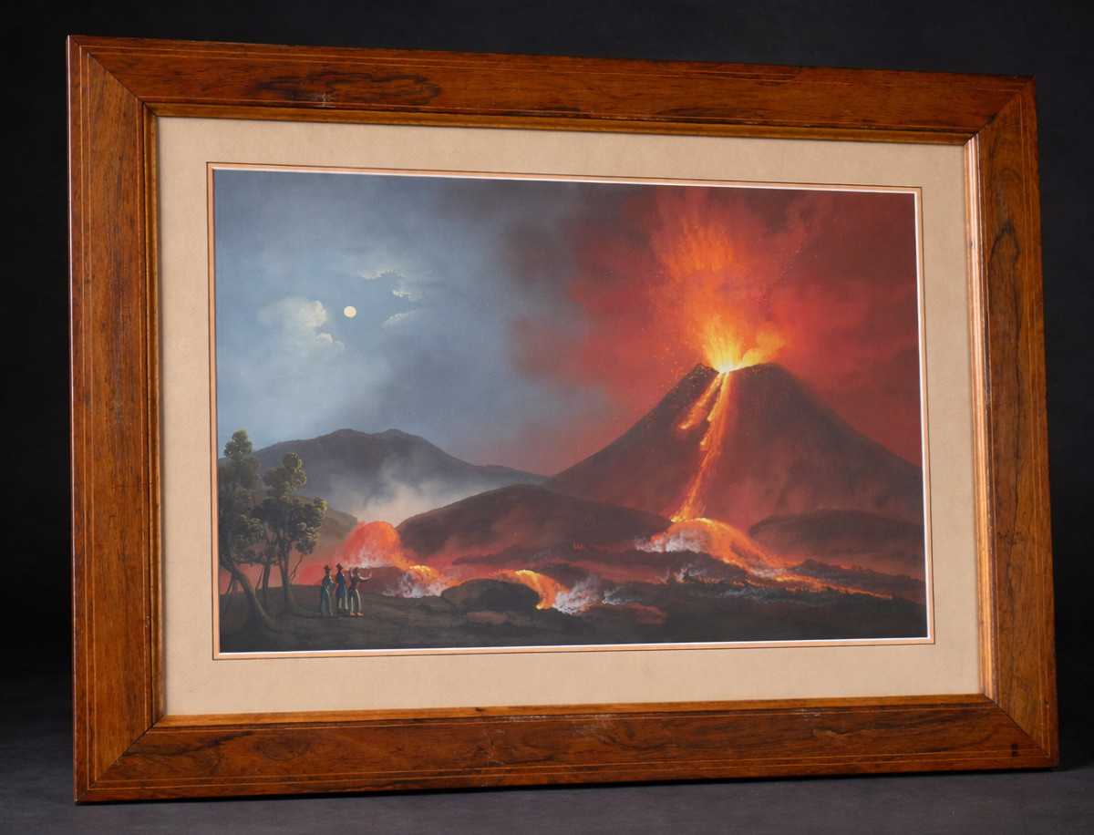 Large Neapolitan Gouache Souvenir Of The Grand Tour, 19th Century, Eruption Of Mount Vesuvius, 1820, Italy