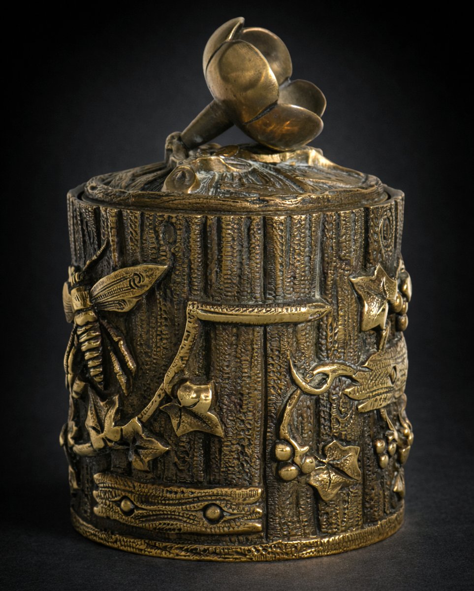 Boite à Fard , Coffret Naturaliste En Bronze , Epoque Art Nouveau , Insectes , Pot à Thé XIXe-photo-2