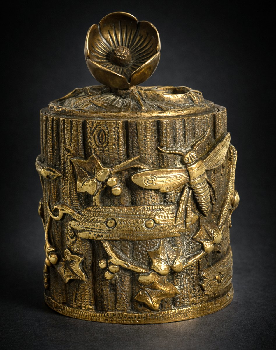 Boite à Fard , Coffret Naturaliste En Bronze , Epoque Art Nouveau , Insectes , Pot à Thé XIXe-photo-4