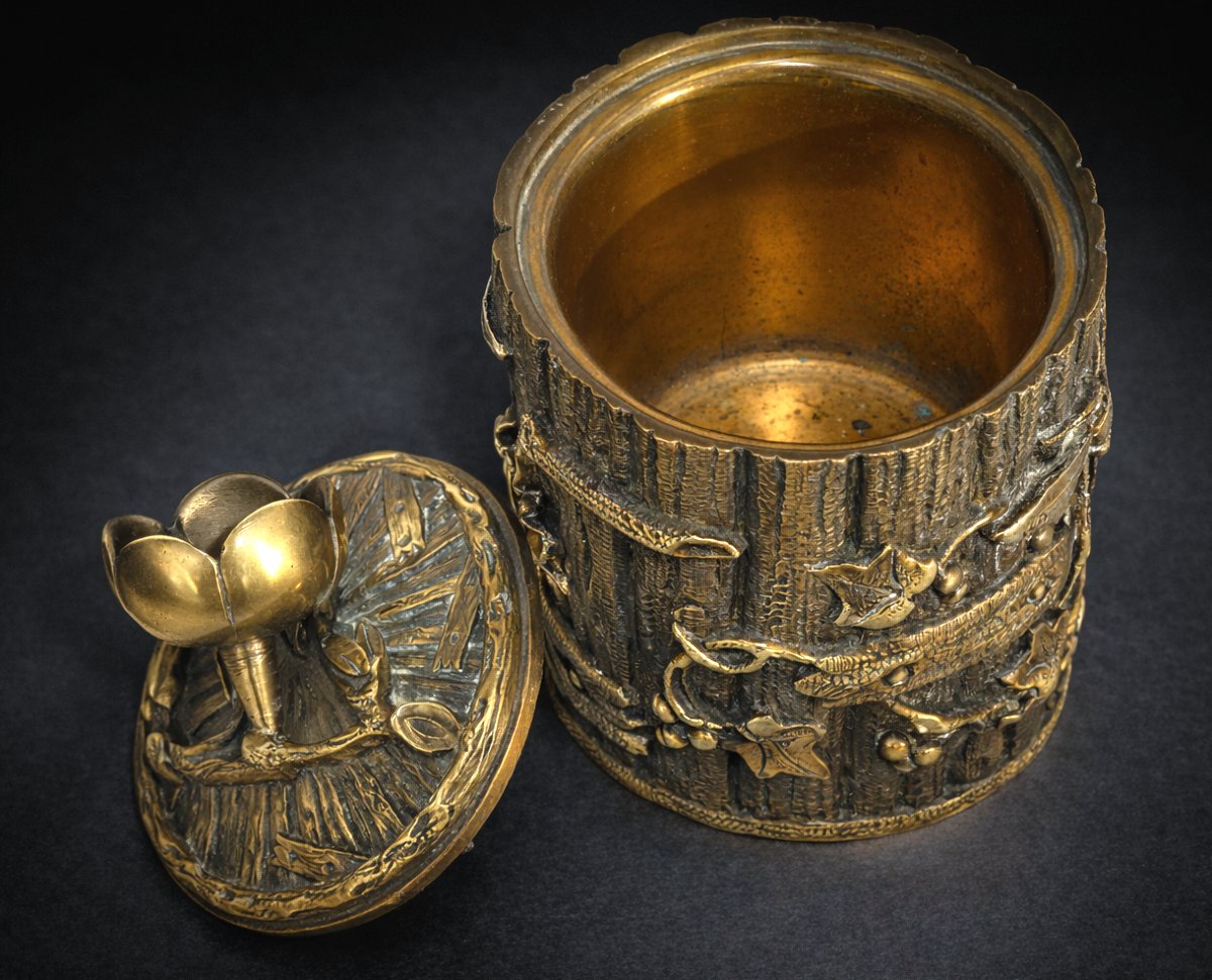 Boite à Fard , Coffret Naturaliste En Bronze , Epoque Art Nouveau , Insectes , Pot à Thé XIXe-photo-1