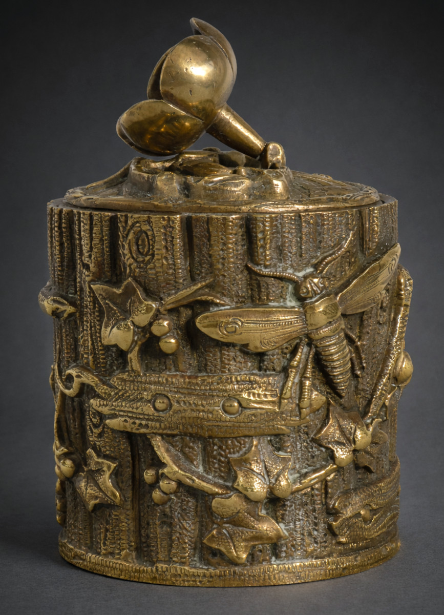 Boite à Fard , Coffret Naturaliste En Bronze , Epoque Art Nouveau , Insectes , Pot à Thé XIXe