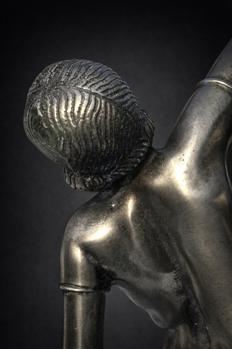 Lampe Art Deco , Jeune Femme Nue , Gar&ccedil;onne , Bronze Argent&eacute; 1920 , Luminaire Louise Brooks-photo-1