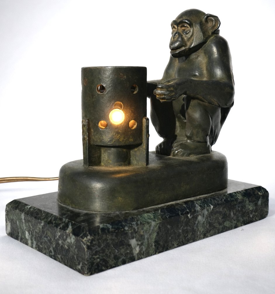 Art Deco Night Light Lamp, Monkey At Brazier, Chimpanzee, Max Le Verrier Boubou, 1930 -photo-4
