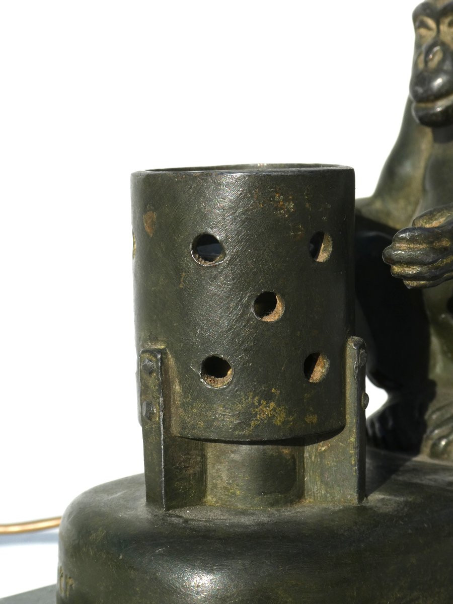 Art Deco Night Light Lamp, Monkey At Brazier, Chimpanzee, Max Le Verrier Boubou, 1930 -photo-1