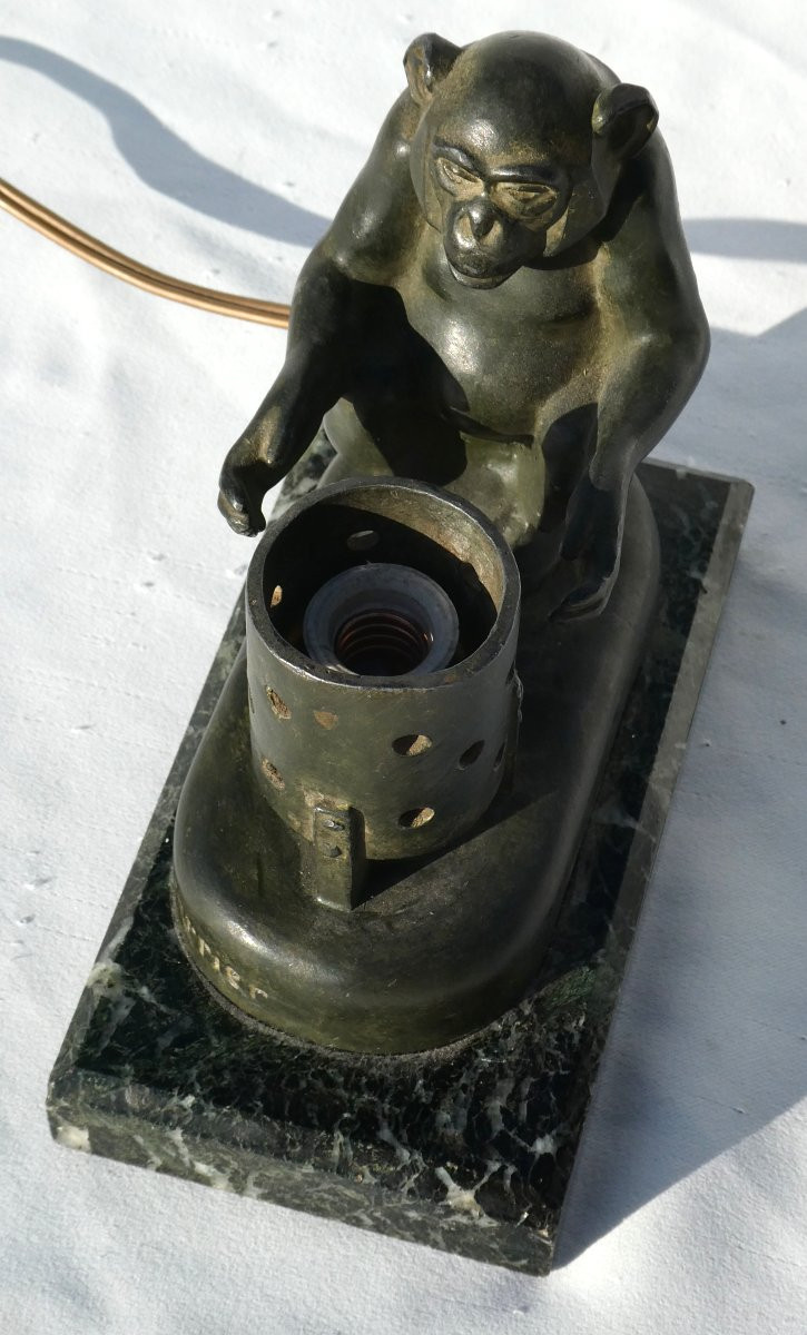 Art Deco Night Light Lamp, Monkey At Brazier, Chimpanzee, Max Le Verrier Boubou, 1930 -photo-4