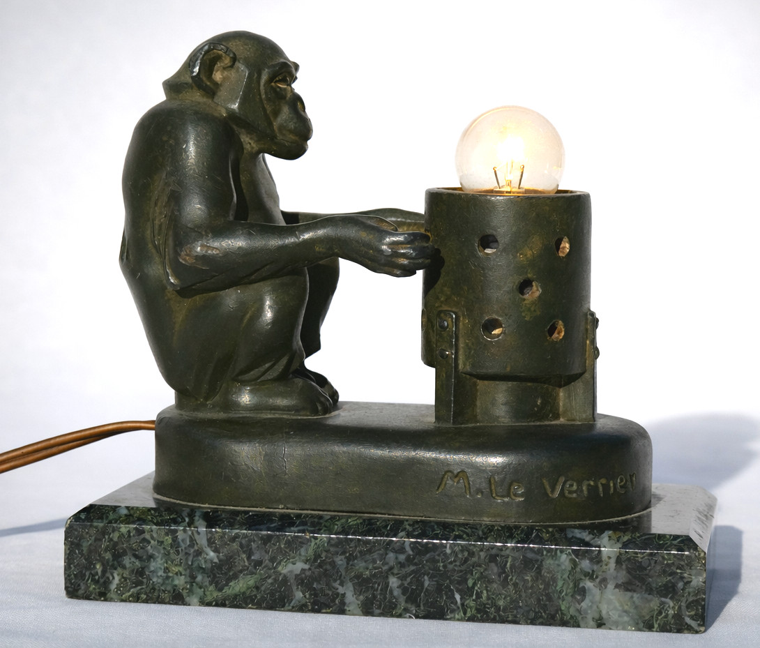 Art Deco Night Light Lamp, Monkey At Brazier, Chimpanzee, Max Le Verrier Boubou, 1930 