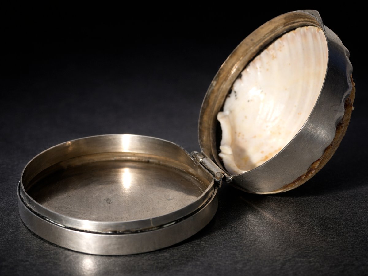 Tabatiere XIXe , Argent massif & nacre , Boite à Pillules , Coquillage , Allemagne -photo-3