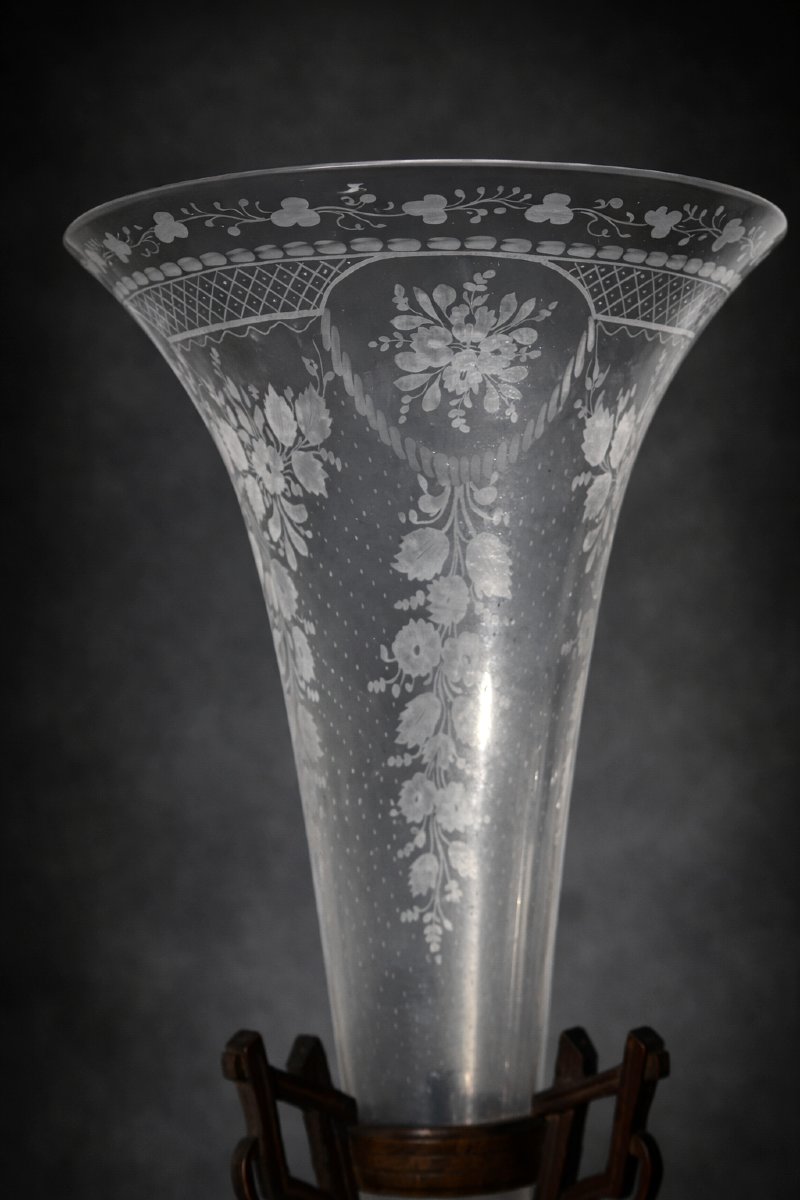 Tulip Pot / Napoleon III Centerpiece, Carved Walnut & Engraved Glass, Black Forest, Bern-photo-2