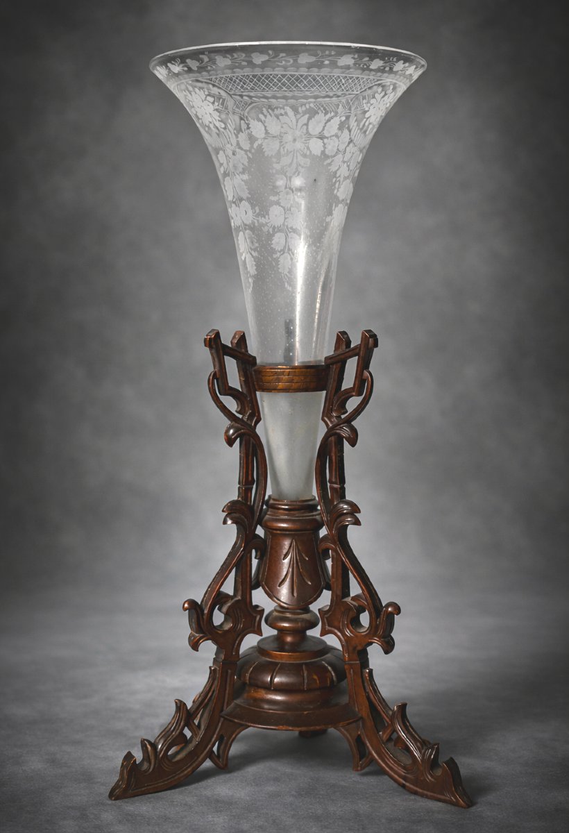 Tulip Pot / Napoleon III Centerpiece, Carved Walnut & Engraved Glass, Black Forest, Bern-photo-3