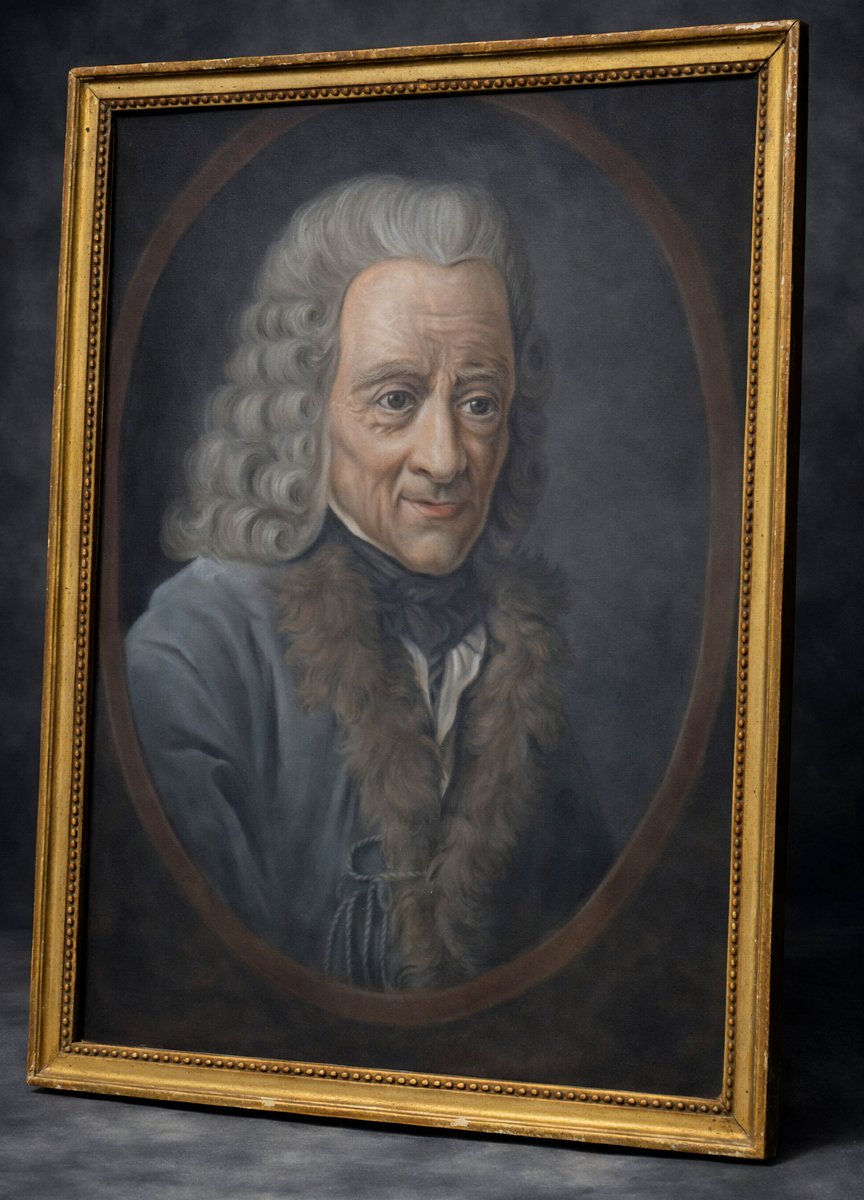 Portrait From The 18th Century, Philosopher Voltaire, Age Of Enlightenment, Pastel, Gilt Frame-photo-2