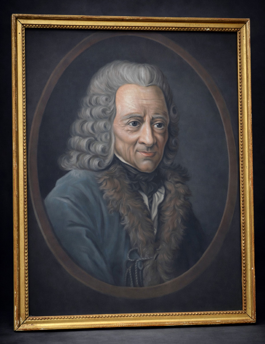 Portrait From The 18th Century, Philosopher Voltaire, Age Of Enlightenment, Pastel, Gilt Frame