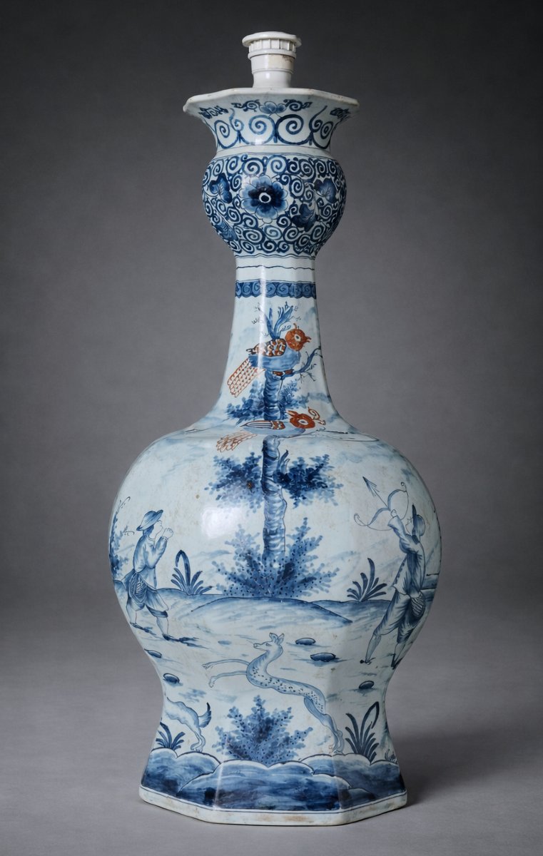 Grande Lampe de Table En Faience De Delft , Vase Bulbe , Decor D'Eveque & Chasseur Chiens xixe-photo-4