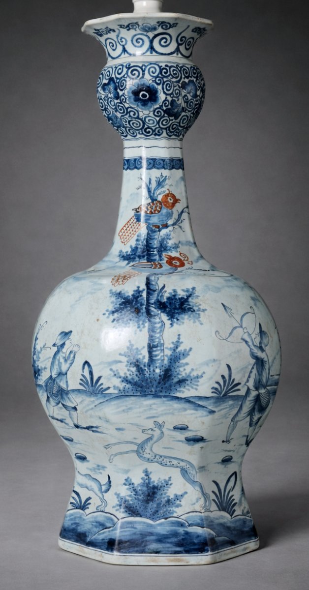 Grande Lampe de Table En Faience De Delft , Vase Bulbe , Decor D'Eveque & Chasseur Chiens xixe-photo-7