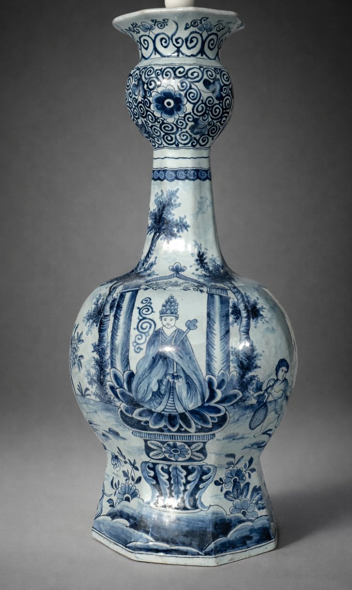 Grande Lampe de Table En Faience De Delft , Vase Bulbe , Decor D'Eveque & Chasseur Chiens xixe-photo-8