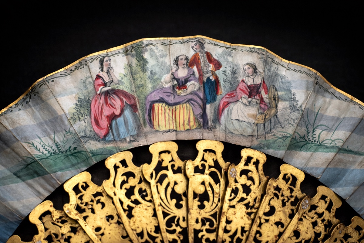 Ball Fan, Napoleon III Era, Carved Wood, Violets/pansies, 19th Century, Pastoral Scene-photo-2