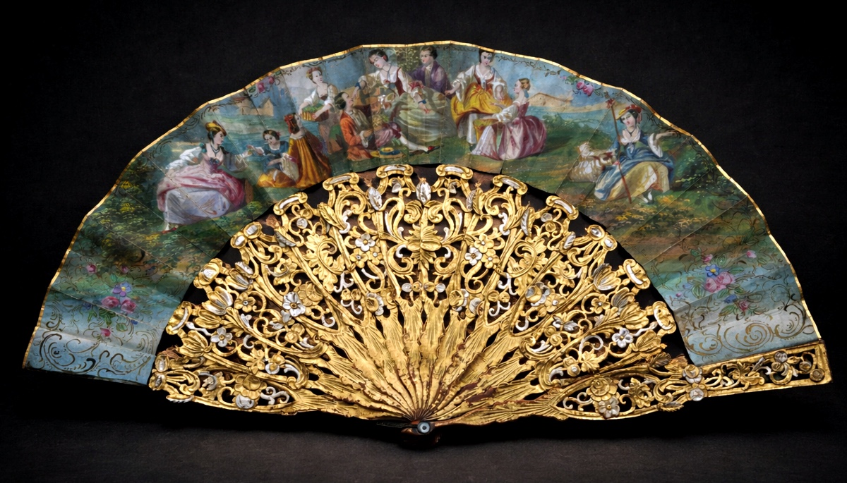 Ball Fan, Napoleon III Era, Carved Wood, Violets/pansies, 19th Century, Pastoral Scene