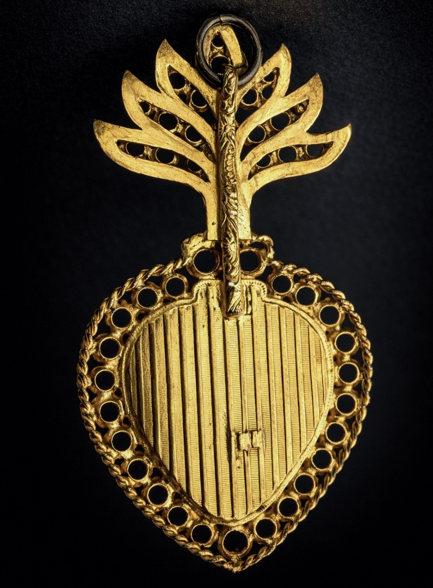 Reliquary Pendant, Napoleon III Medallion, Religious Jewelry, 19th Century Rhinestone Heart Statue -photo-3