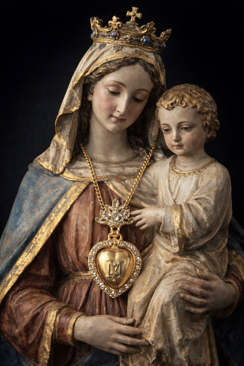 Reliquary Pendant, Napoleon III Medallion, Religious Jewelry, 19th Century Rhinestone Heart Statue -photo-4