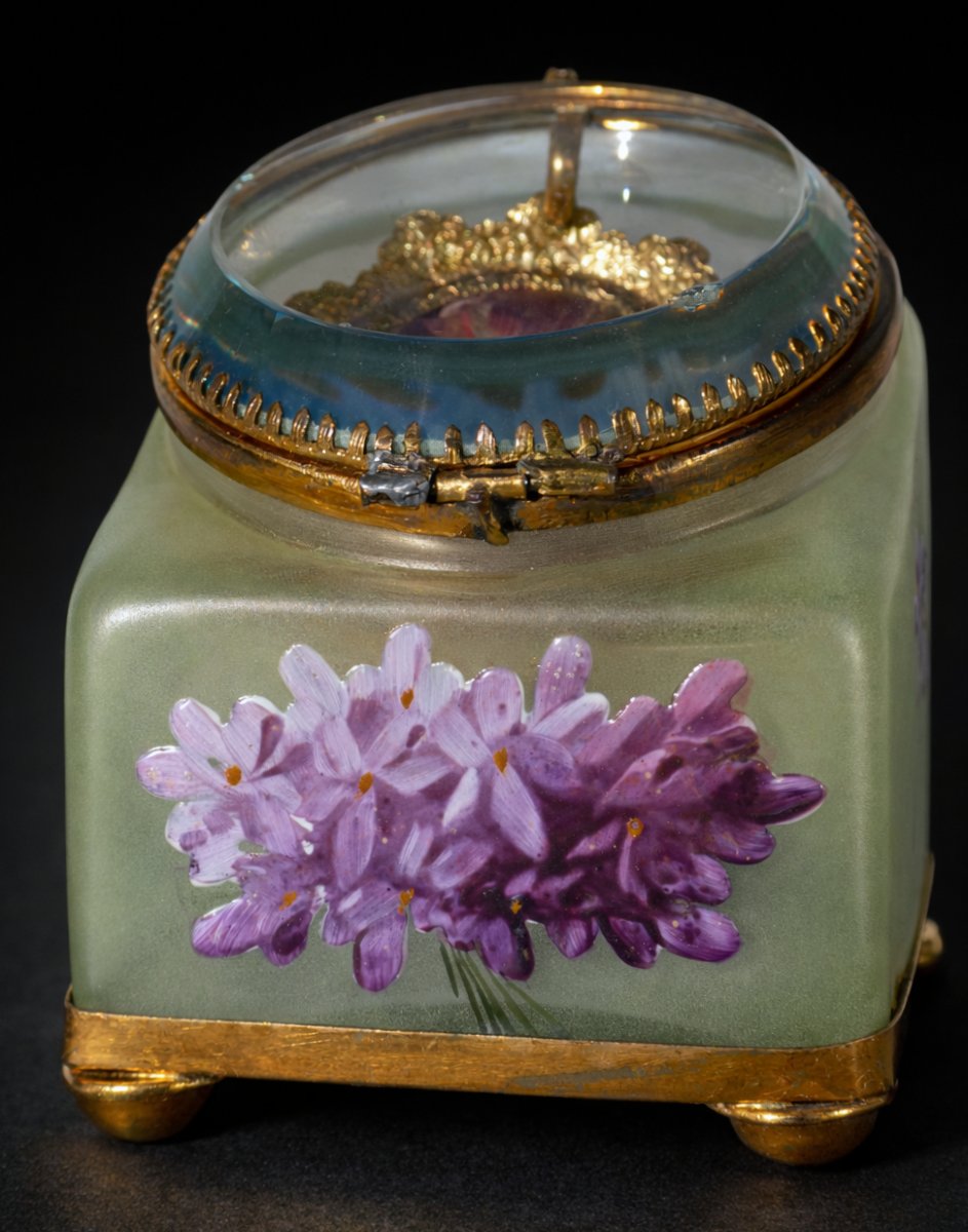 Jewelry Box, 19th Century Watch Holder, Enamel Glass, Violet Decoration, Legras Style, Case-photo-2